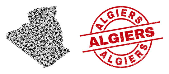 Algiers scratched badge, and Algeria map collage of aircraft elements. Collage Algeria map created with jet vehicles. Red watermark with Algiers caption, and scratched rubber texture.
