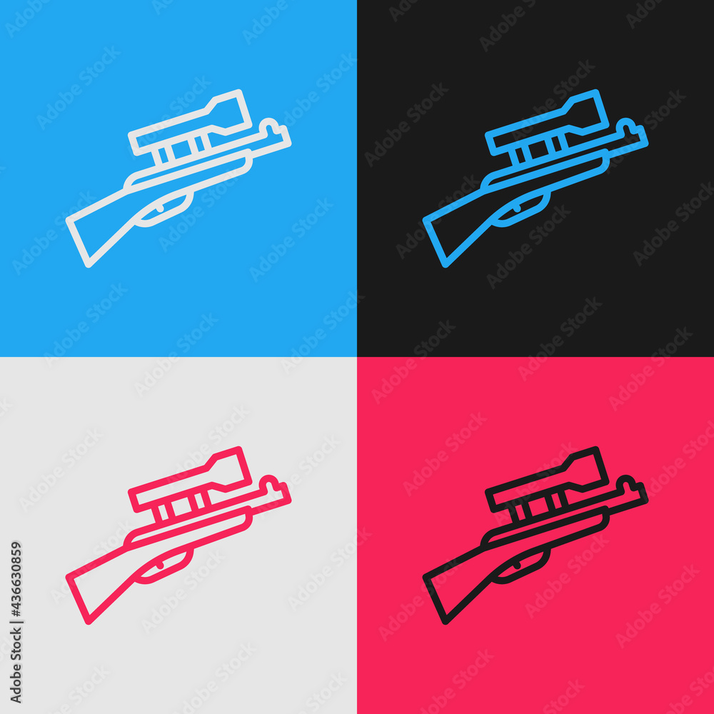 Poster pop art line sniper rifle with scope icon isolated on color background. vector