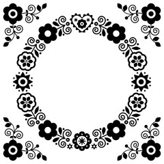 Polish folk art vector round black and white mandala design with flowers and heart inspired by traditional highlanders embroidery Lachy Sadeckie 
