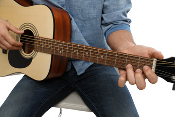 Fototapeta na wymiar Man playing guitar on white background, closeup. Music teacher