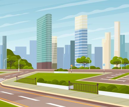 Landscape of urban city park. Cityscape of town center. Roads with markup against background of tall buildings and skyscraper. Roadway, cityscape and nature. Landscape with nature and modern buildings