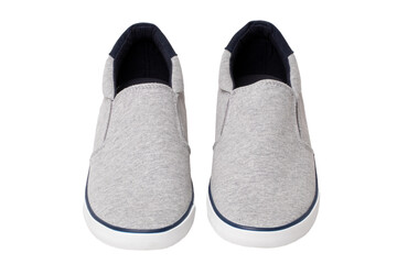 Mans gray shoes. Close-up of a pair gray sneaker or sport shoes isolated on a white background. Elegant and trendy mens footwear. Macro.