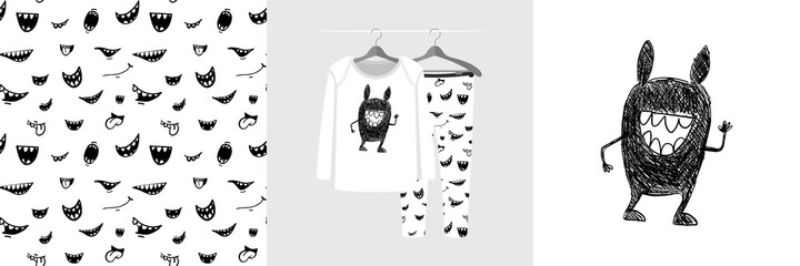 Seamless pattern and illustration for kid with funny toothy monster © stocklene