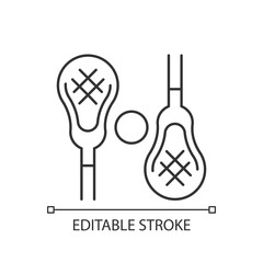 Lacrosse linear icon. Playing with lacrosse stick outdoor. Competitive team sport. Body workout. Thin line customizable illustration. Contour symbol. Vector isolated outline drawing. Editable stroke