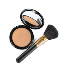 Face powder with brush on white background, top view. Makeup product