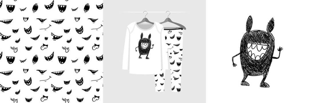 Seamless pattern and illustration for kid with funny toothy monster
