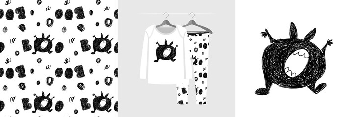 Seamless pattern and illustration for kid with funny toothy monster © stocklene