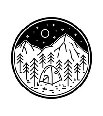 camping under the mountains (night) in mono line art ,badge patch pin graphic illustration, vector art t-shirt design