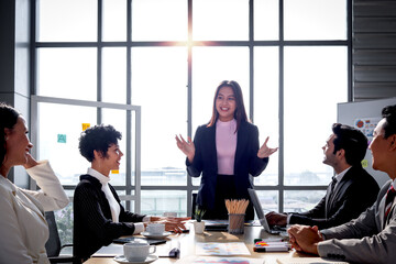 Achievement successful young beautiful businesswoman sharing experience success and giving...
