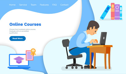 Website with online courses landing page template. Man looking at computer screen and using cloud technology. Businessman with laptop creates program for online learning. Education via Internet