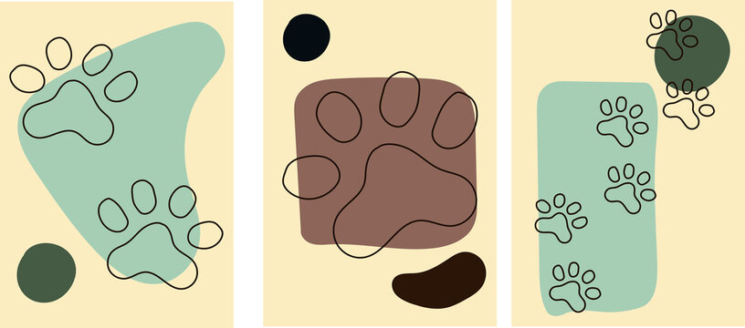 Collection of artistic vector illustrations - abstraction with paw prints. Minimalistic background
