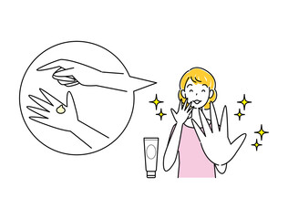 スキンケア アルコール消毒による手の肌荒れが治り喜んでいる可愛い女性 イラスト シンプル ベクター