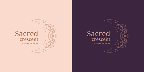 Moon crescent with flowers logo emblem design template vector illustration in minimal line art style © provectors
