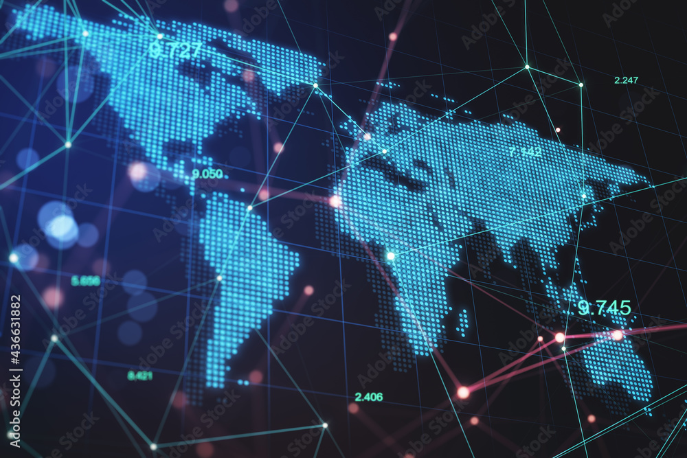 Poster Global blockchain concept with digital screen with world map and glowing lines and stats indicators