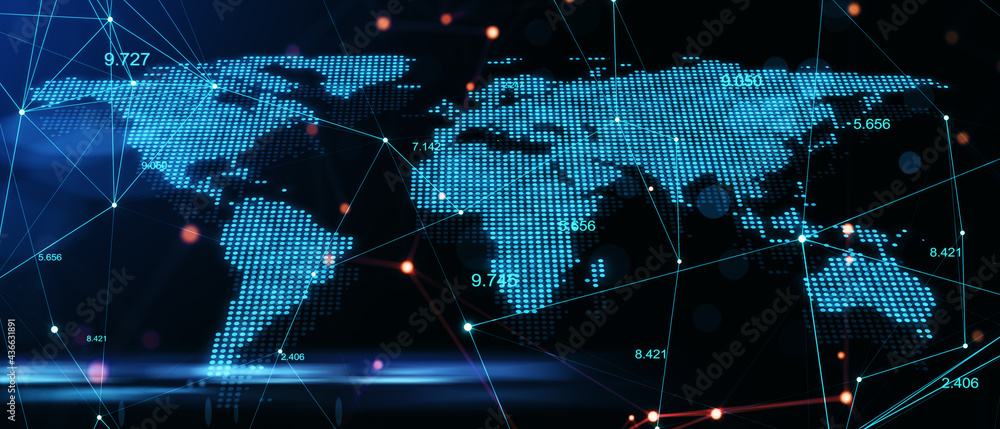Poster Global stats data concept with dark background and digital glowing world map, indicators, numbers and lines