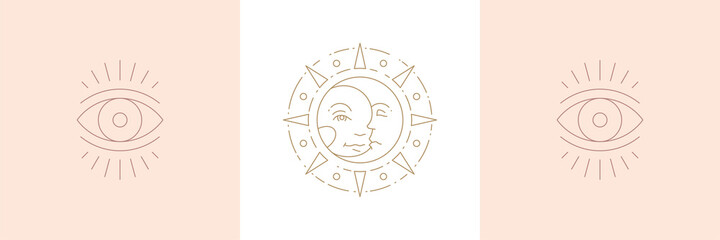 Magic sun with moon and eye of wisdom in boho linear style vector illustrations set.
