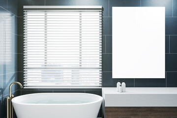 Modern bright bathroom interior with empty poster on tile wall and window with city view. Mock up, 3D Rendering.