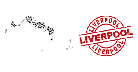 Liverpool distress badge, and Turks and Caicos Islands map mosaic of airliner items. Mosaic Turks and Caicos Islands map created of aviation items. Red seal with Liverpool word,