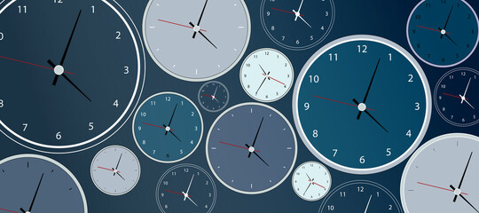 Time management concept. Creative blue clock background.