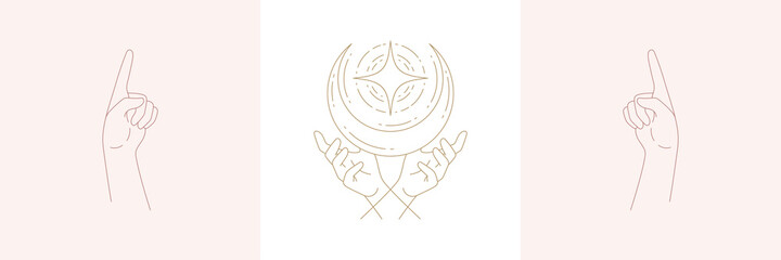 Woman hands and moon crescent in boho linear style vector illustrations set.