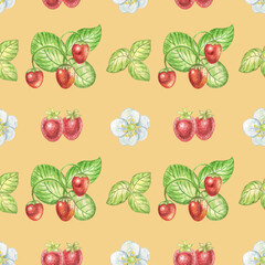 Seamless watercolor pattern with strawberry isolated on orange background.Good for wrapping paper,kitchen,design.