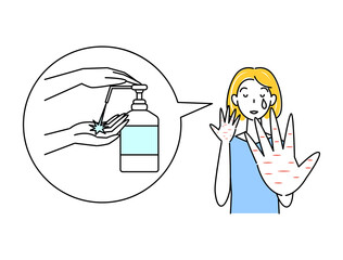 スキンケア アルコール消毒による手の肌荒れが治り喜んでいる可愛い女性 イラスト シンプル ベクター