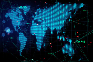 International big data concept with digital world map, indicators connected by straight lines and dots on dark background