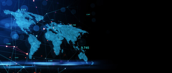 Blank dark wallpaper with copyspace and digital world map with technological and data indicators on the left, international information storage concept. 3D rendering, mock up