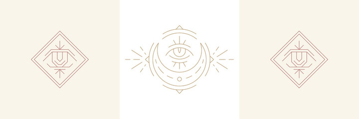 Magical eye of wisdom and moon crescent in boho linear style vector illustrations set. © provectors