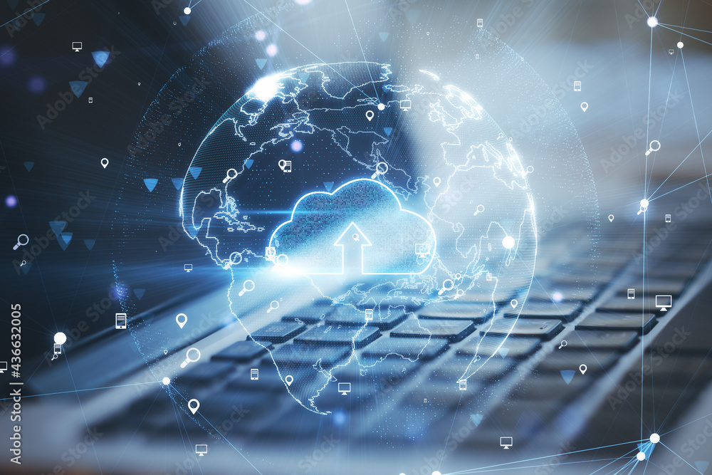 Poster cloud computing online storage concept with hologram cloud icon in the earth planet model on laptop 