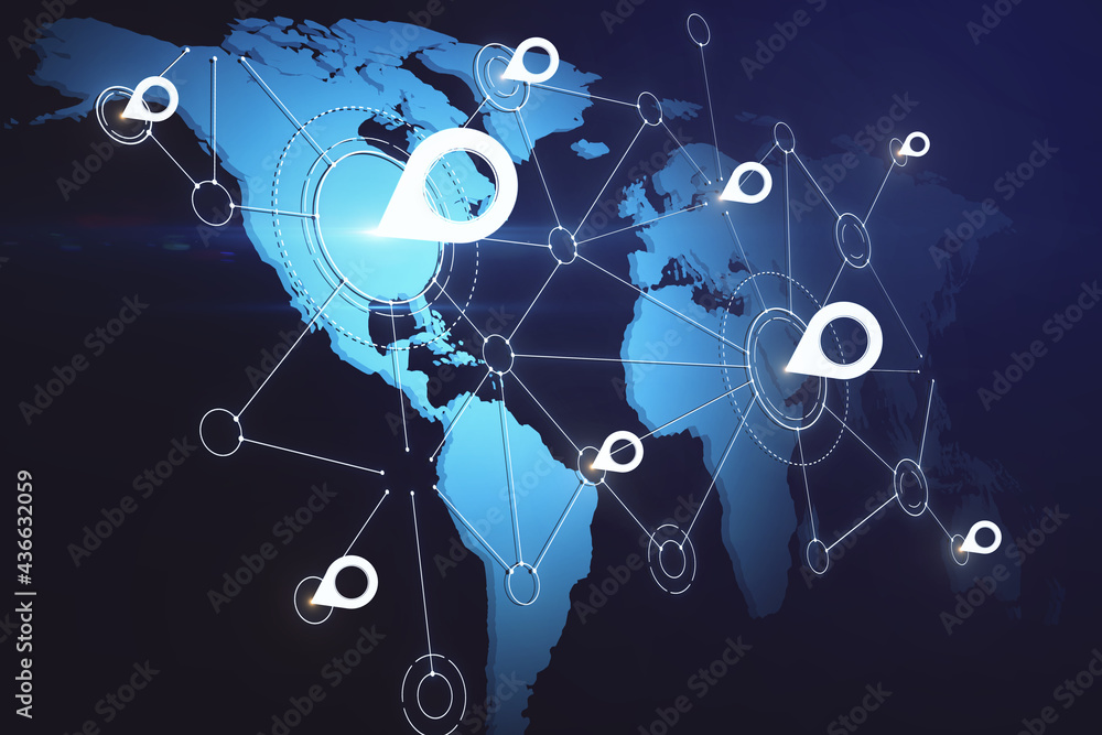Poster Navigation concept with perspective view on digital screen with blue world map covered by pins location