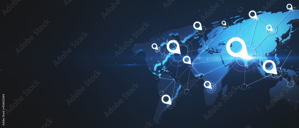 Poster Blank dark backdrop with copyspace and virtual world map with glowing pins location, navigation concept. 3D rendering, mockup