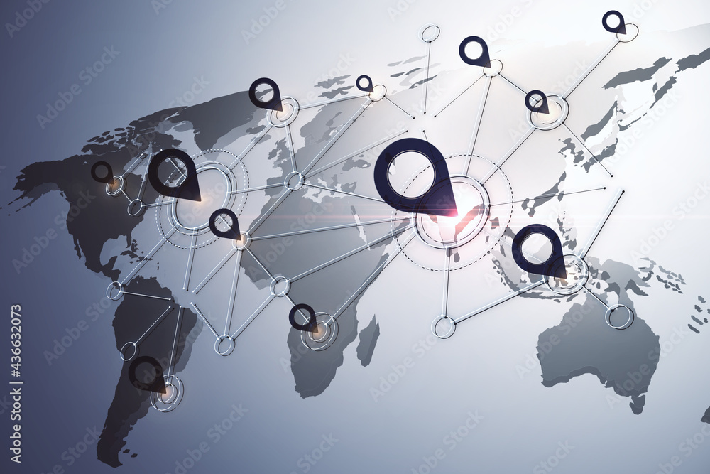 Poster Online navigation system concept with digital world map scheme and black pinpoints connected by lines on abstract light background