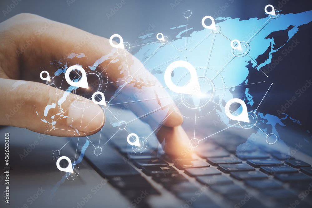 Poster Gps point navigation concept with virtual world map and white pins location on human hand typing on laptop keyboard background
