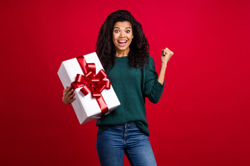 Photo of charming pretty cute afro american young woman hold hands gift winner isolated on red color background