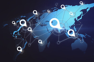 Geolocation concept with digital glowing white pin marks on blue world map model at dark wallpaper