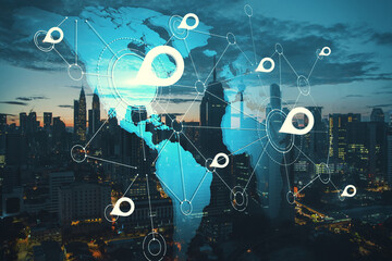 International geolocation concept with digital world map and white pinpoints connected by lines on night city skyscrapers background