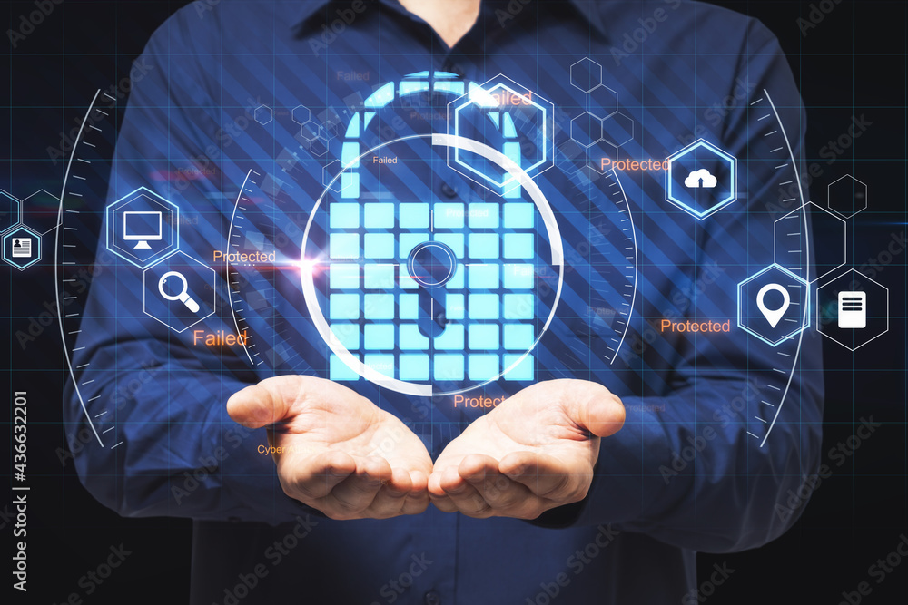 Poster Privacy and business technology protection concept with digital transparent screen with lock icon on man with open palms background.