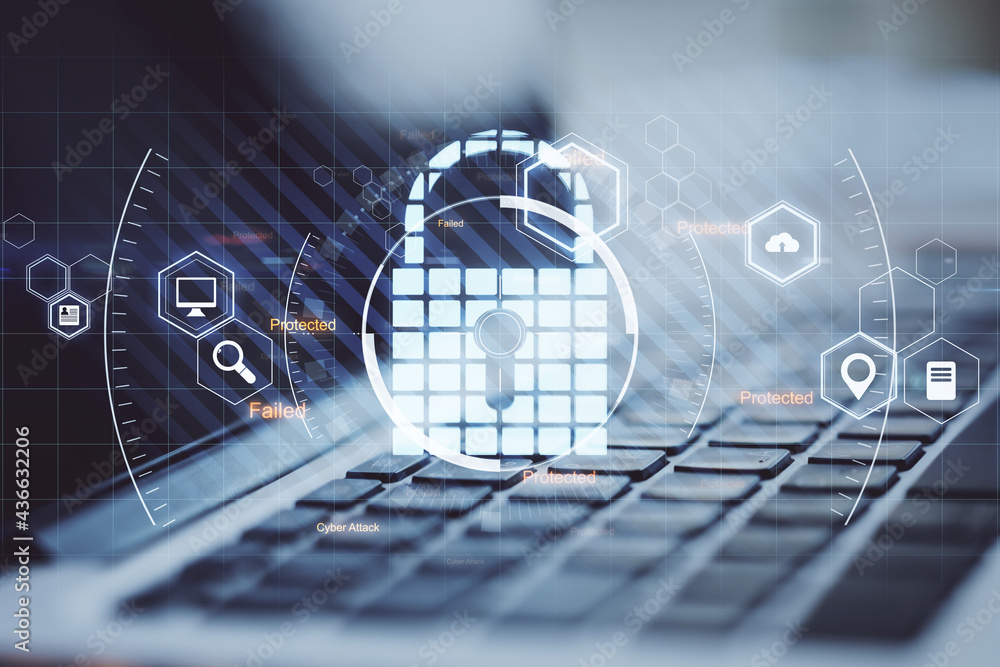 Aufkleber laptop with abstract digital lock interface. security and protection concept. double exposure.