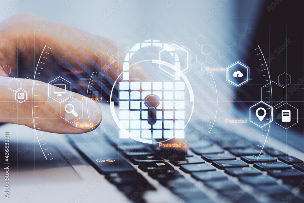 Poster Data protection and cyber security concept with virtual lock symbol surrounded by technological icons on man hand typing on keyboard background.