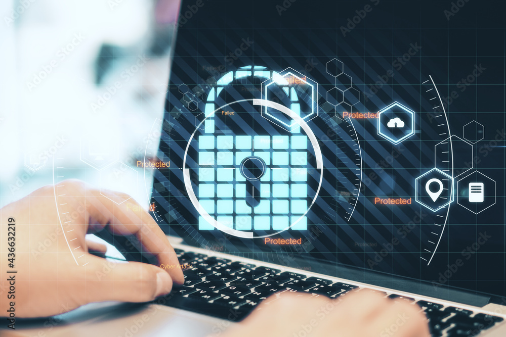Poster Secure and data protection concept with digital lock sign, pinpoint and cloud icons on man hands working on laptop keyboard background.