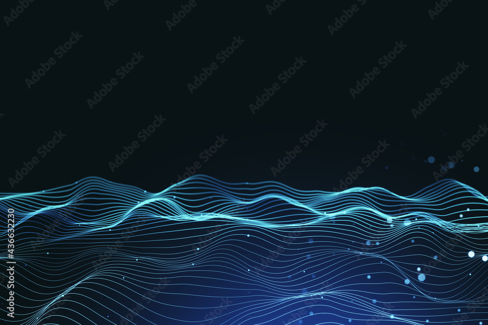 Aufkleber Abstract wave technology background with blue light digital effect, internet connection concept. 3D rendering, mock up