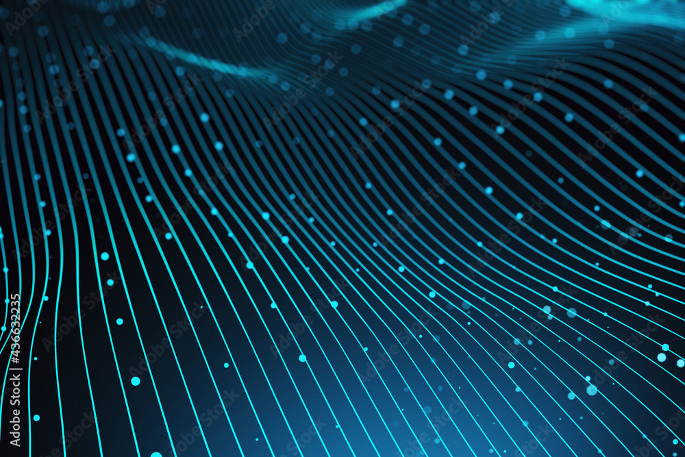 Poster Abstract dark dynamic background with blue digital waves and dots