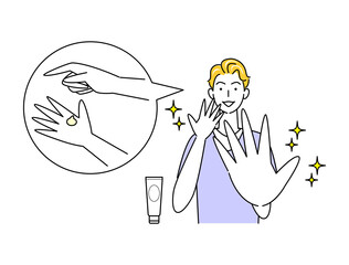 スキンケア アルコール消毒による手の肌荒れが治り喜んでいる可愛い男性 イラスト シンプル ベクター