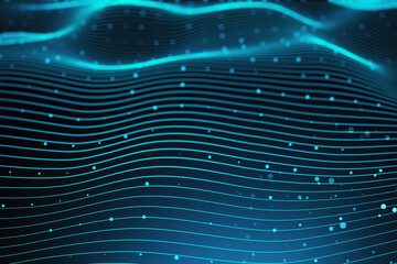 Big data technology concept with blue color digital glowing waves and bright dots