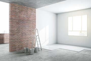 Sunny renovation room in light apartment with brick and white walls and ladder with buckets on concrete floor - obrazy, fototapety, plakaty