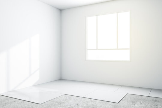 Blank white walls in sunny room with renovation process and square window