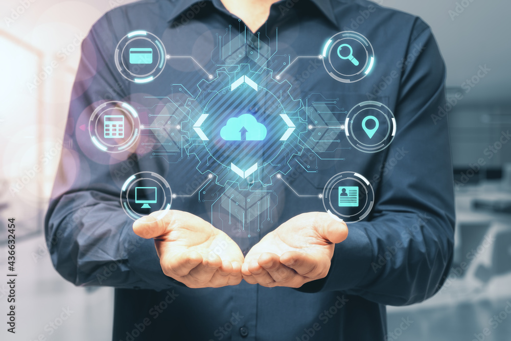 Poster Cloud service and big data concept with digital screen with cloud and computing symbols on man palms background.