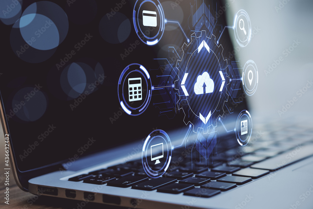 Poster cloud technology service concept with virtual cloud service icons on open laptop background.