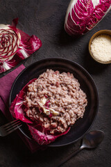Italian risotto with radicchio rosso di Treviso, pancetta and taleggio cheese. Dark mood foto. Top view. Vertical image.